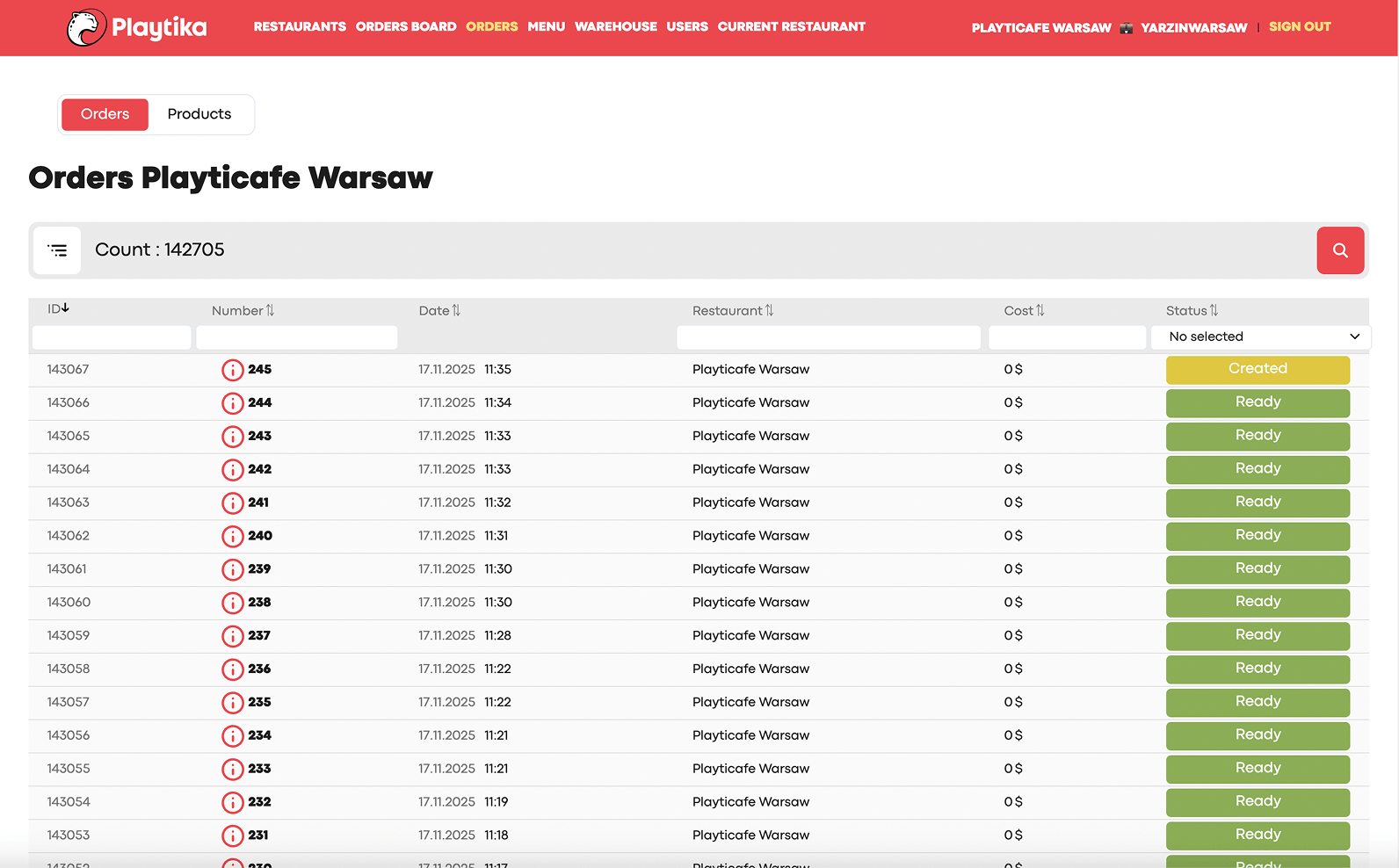 Orders screen of the Playtika cafe platform