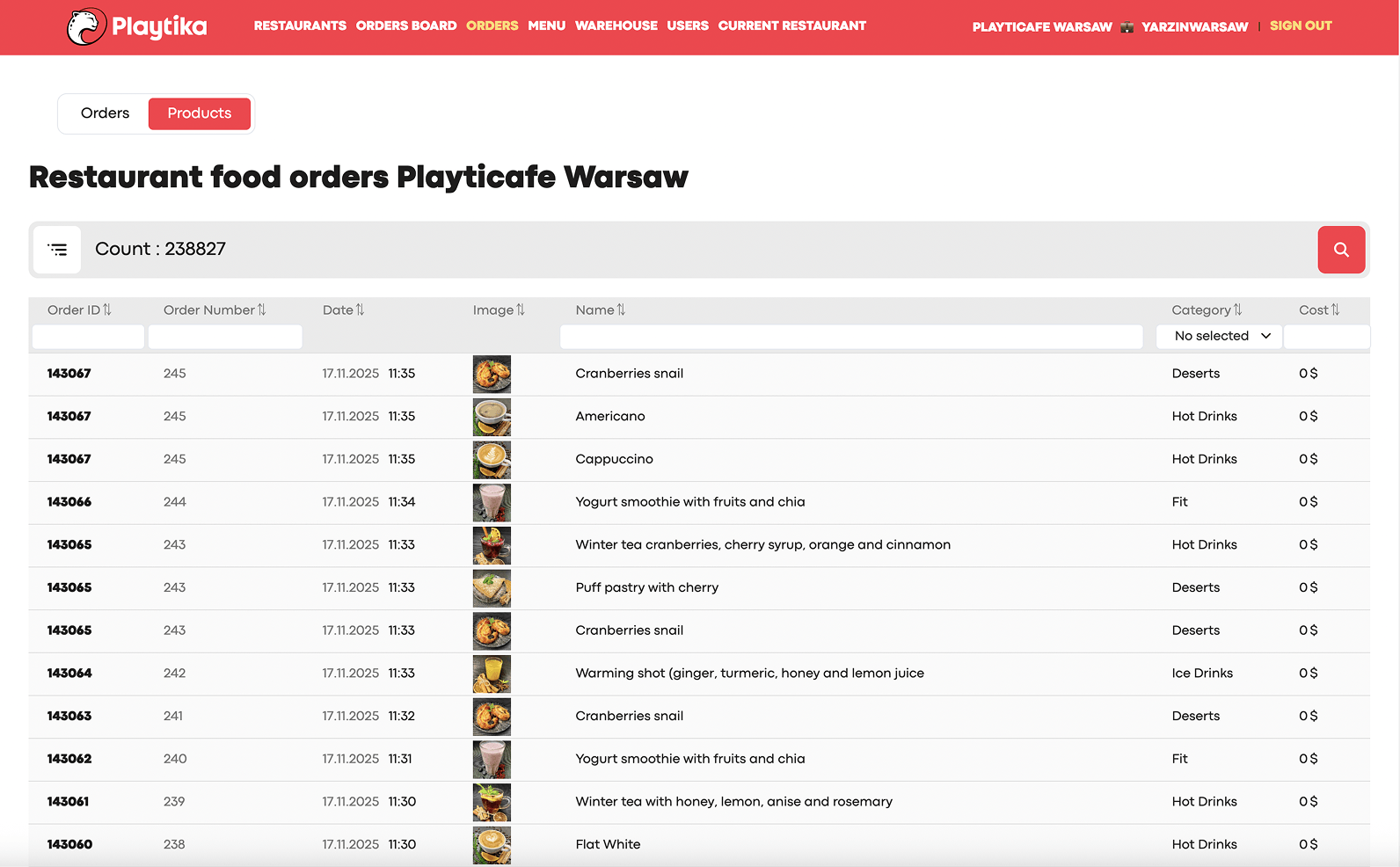 Products screen of the Playtika cafe platform