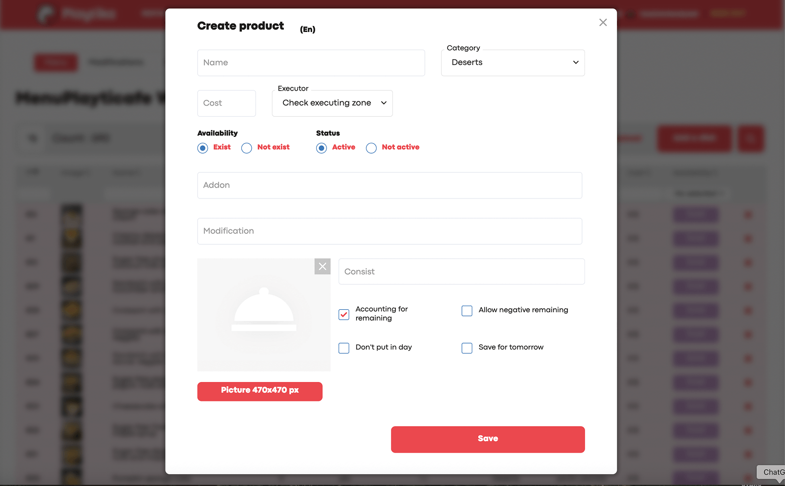 Create product modal of the Playtika cafe platform