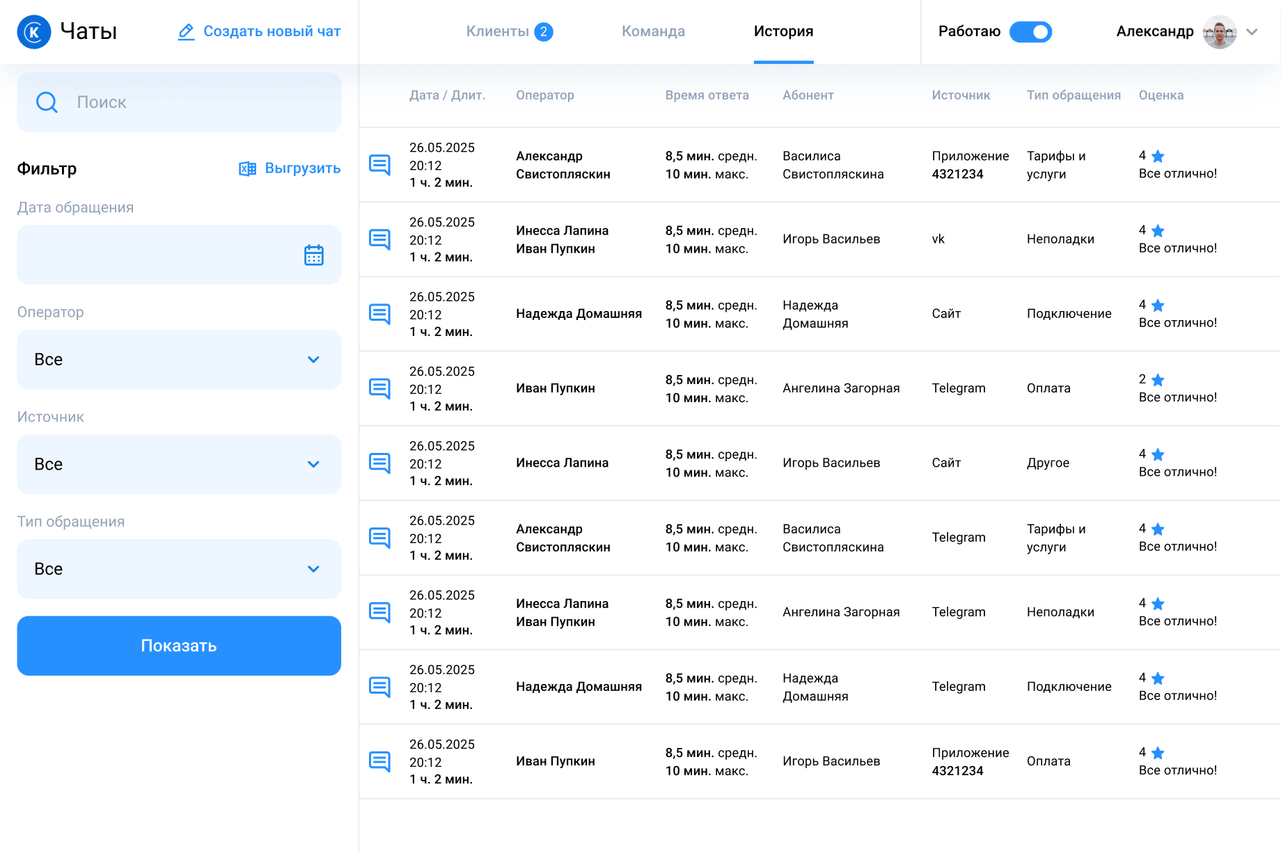 Searchable conversation history for support managers